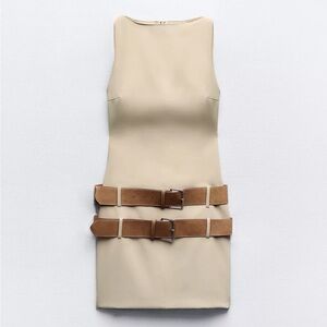 Zara Beige Mini Dress with Tan Belt Accents excellent condition